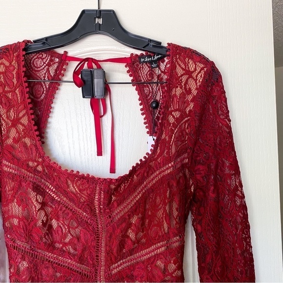 FLL Dress Emerie Lace Open Back Floral Paisley Long Sleeve Mini Burgundy L NWT - Picture 7 of 11